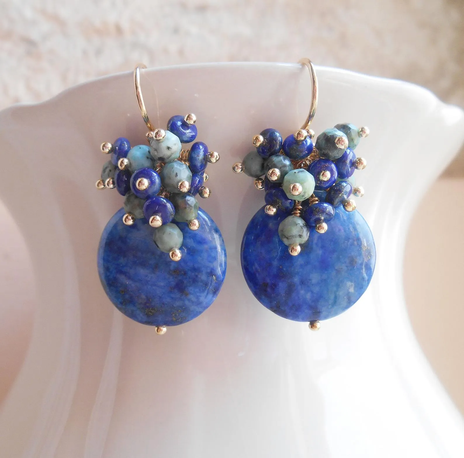 Seafoam Chalcedony Seed Pearl Earrings Handmade Gold Dangle Earrings with Pearl Clusters