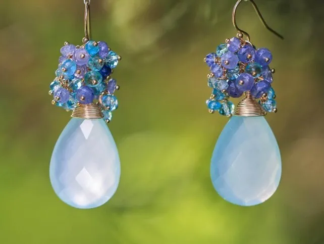 Seafoam Chalcedony Seed Pearl Earrings Handmade Gold Dangle Earrings with Pearl Clusters