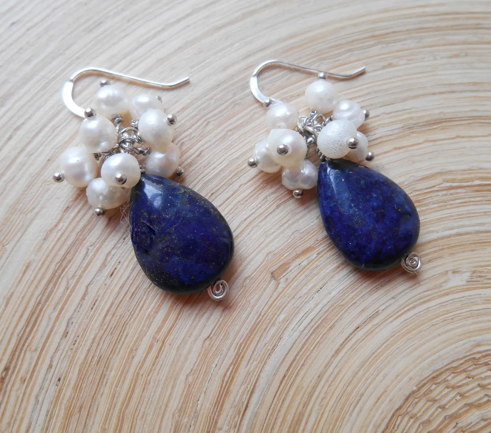 Seafoam Chalcedony Seed Pearl Earrings Handmade Gold Dangle Earrings with Pearl Clusters