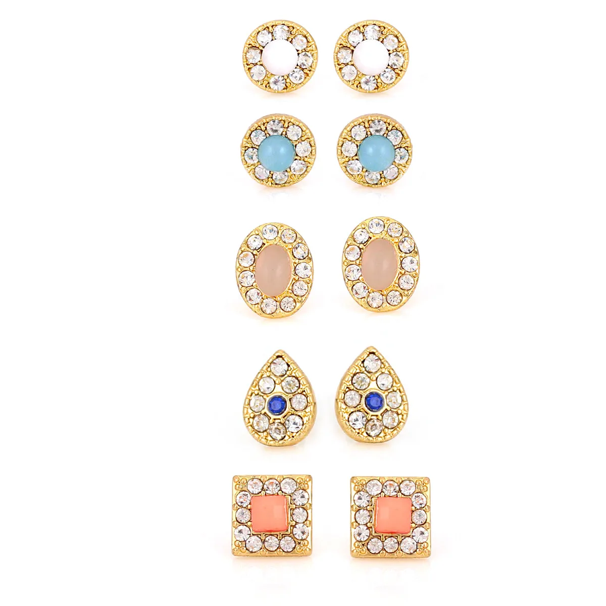 SET OF 5 CRYSTAL STUD  EARRINGS #SQTYG-0122 (GE11)