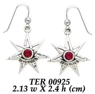 Sexy Witch Seven Pointed Star with Gemstone Silver Earrings TER925