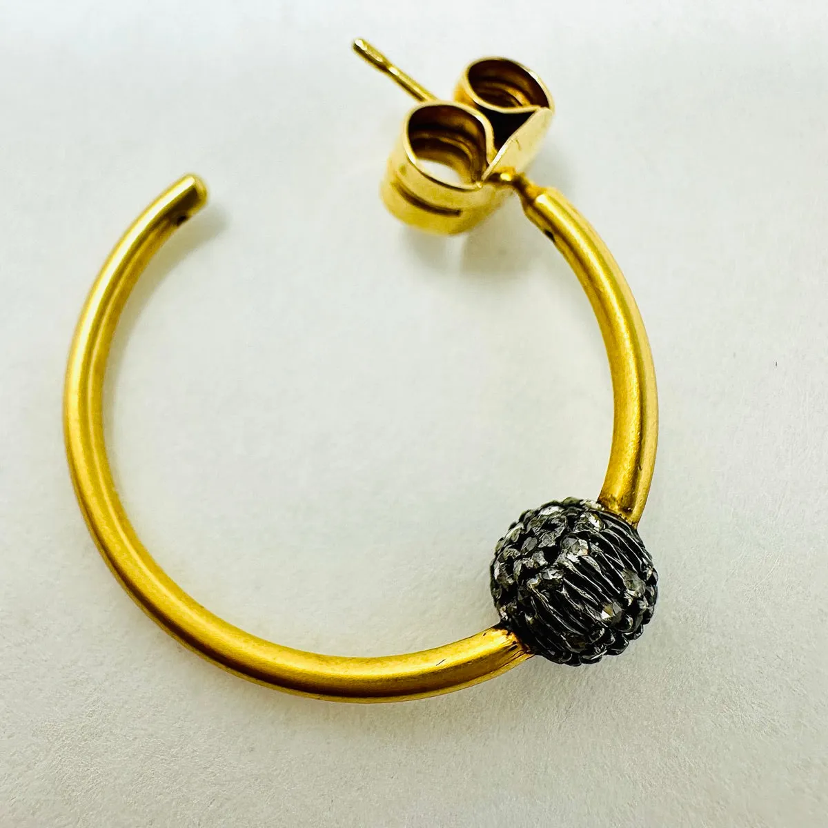 Silver and 18K Gold Hoop Earrings with Pave Diamond Ball