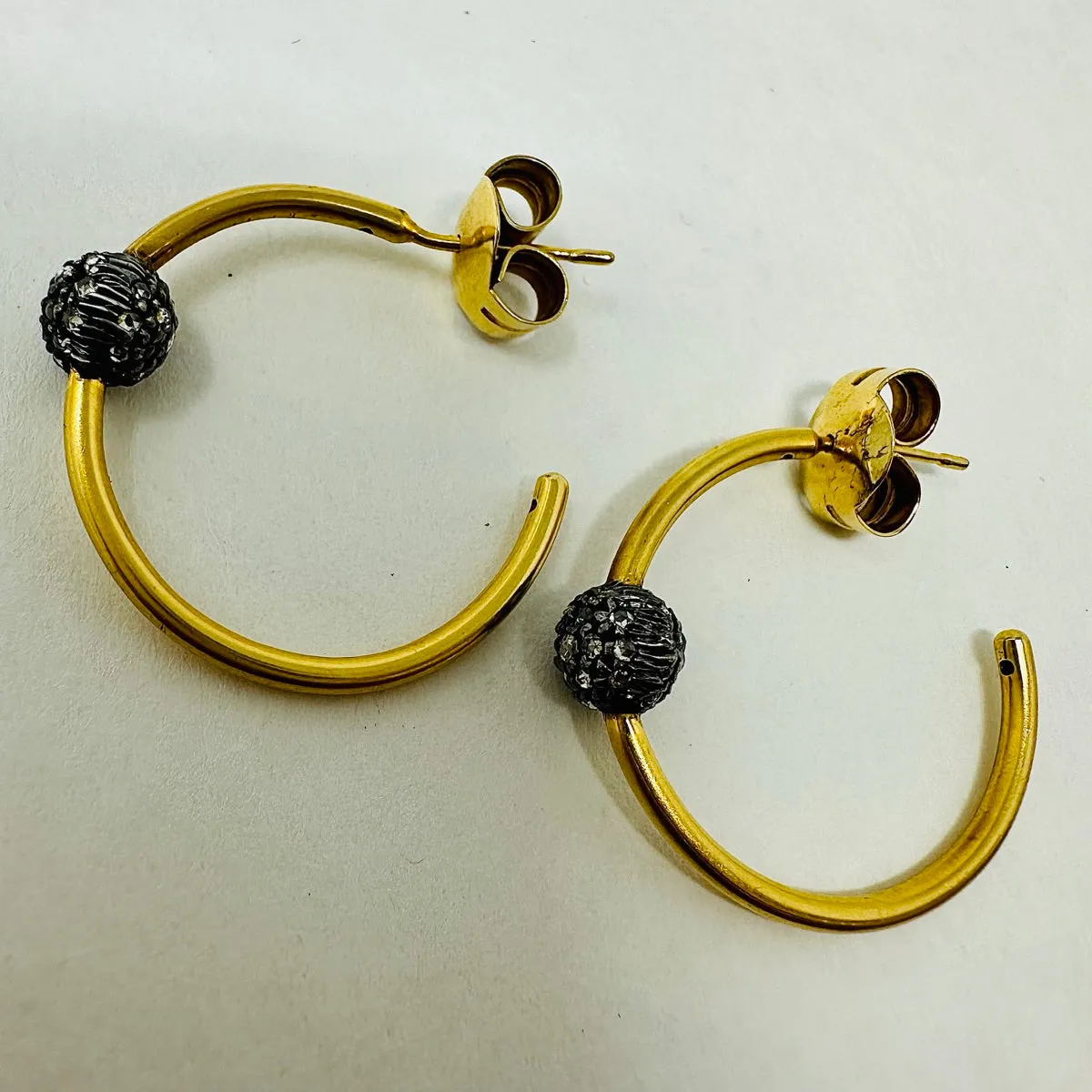 Silver and 18K Gold Hoop Earrings with Pave Diamond Ball