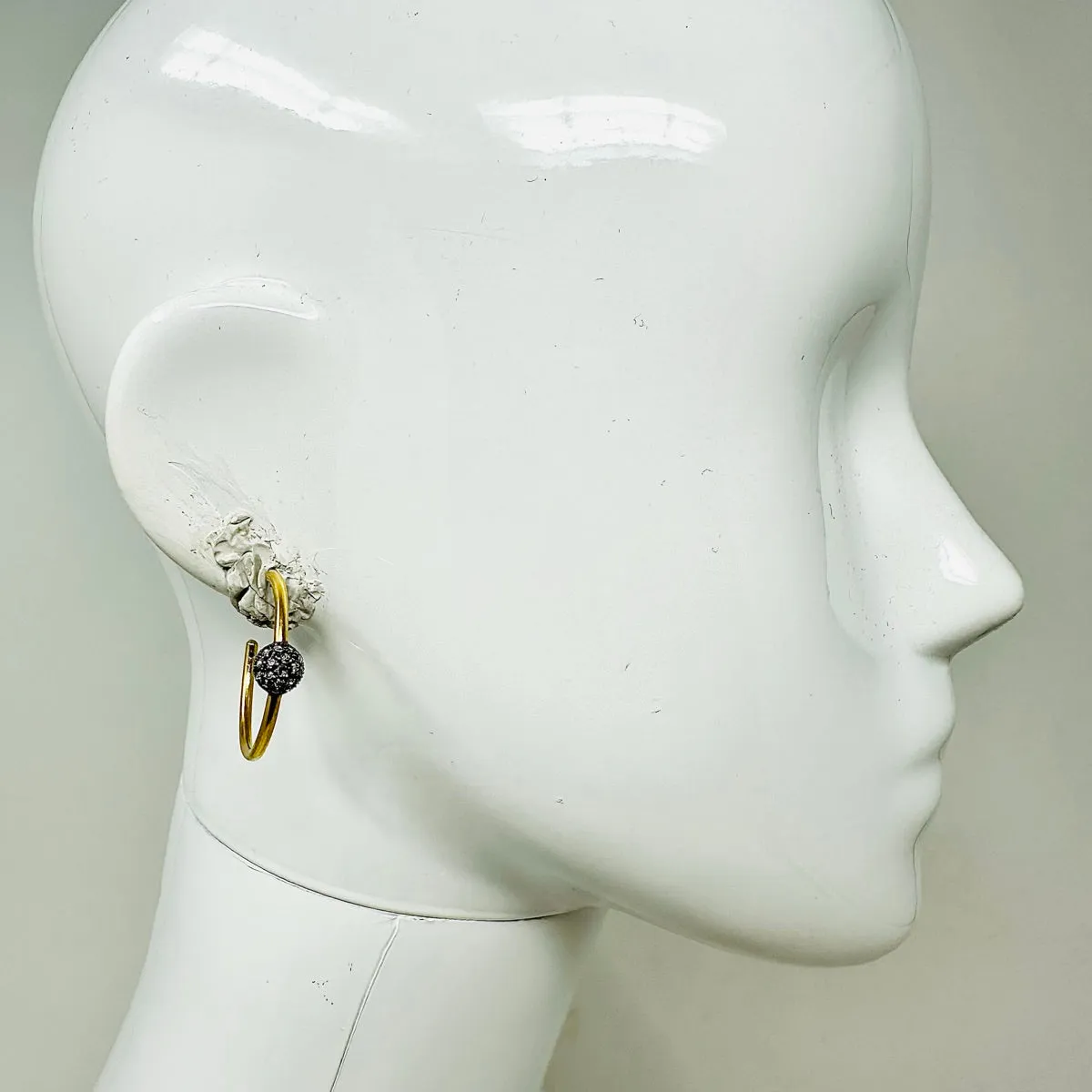 Silver and 18K Gold Hoop Earrings with Pave Diamond Ball