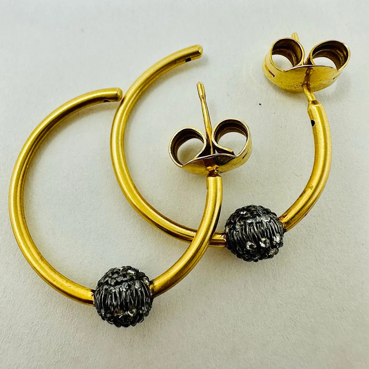 Silver and 18K Gold Hoop Earrings with Pave Diamond Ball
