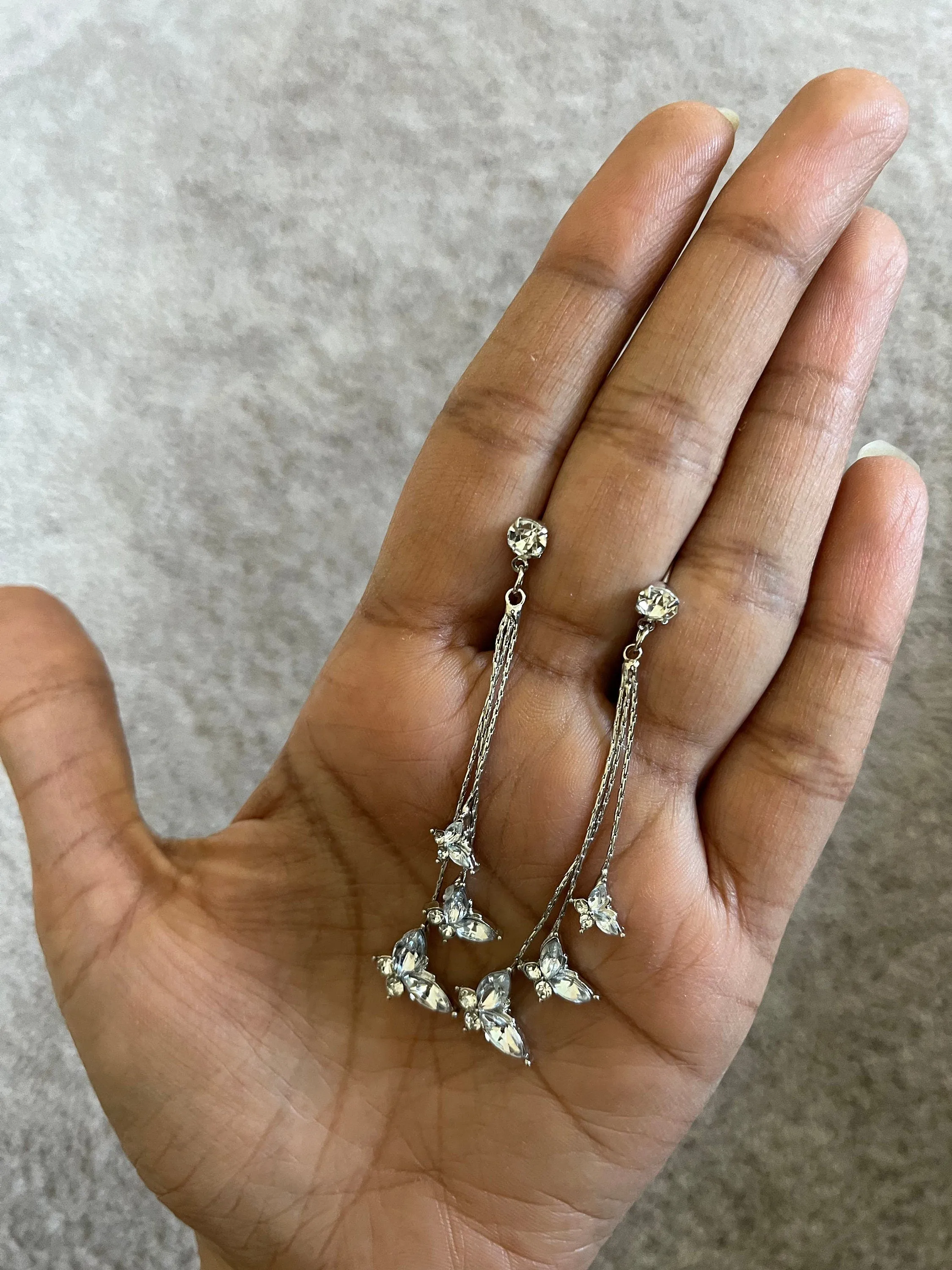 Silver butterfly earrings , long clear rhinestone earrings , butterfly earring , fringe earrings , gold chain earrings , gold bride earring