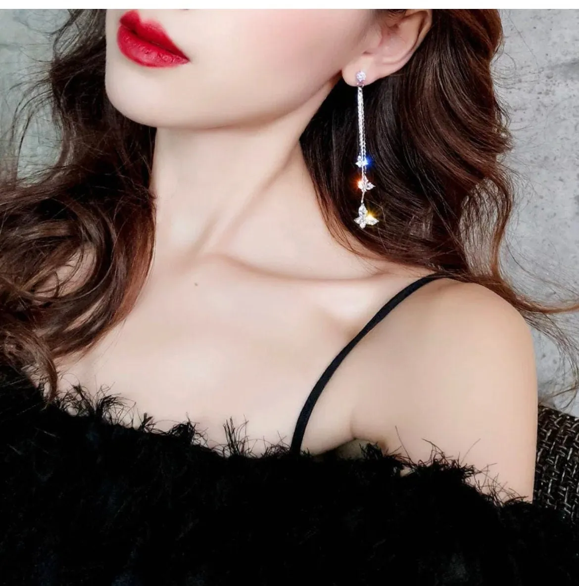 Silver butterfly earrings , long clear rhinestone earrings , butterfly earring , fringe earrings , gold chain earrings , gold bride earring