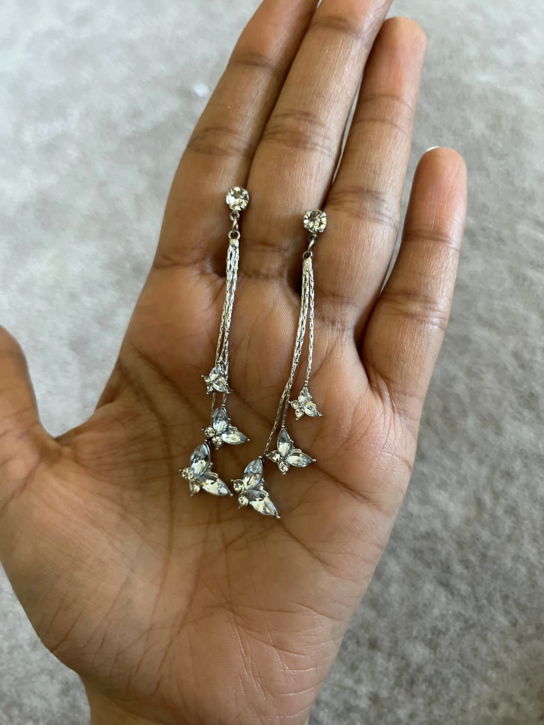 Silver butterfly earrings , long clear rhinestone earrings , butterfly earring , fringe earrings , gold chain earrings , gold bride earring