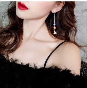 Silver butterfly earrings , long clear rhinestone earrings , butterfly earring , fringe earrings , gold chain earrings , gold bride earring