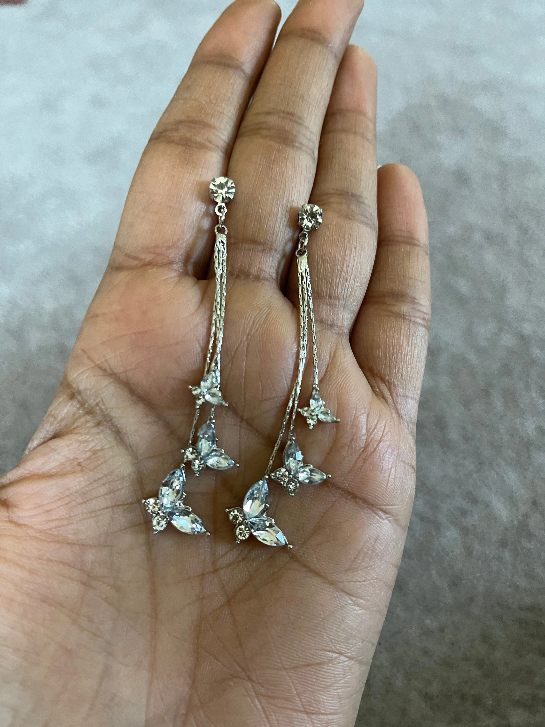 Silver butterfly earrings , long clear rhinestone earrings , butterfly earring , fringe earrings , gold chain earrings , gold bride earring