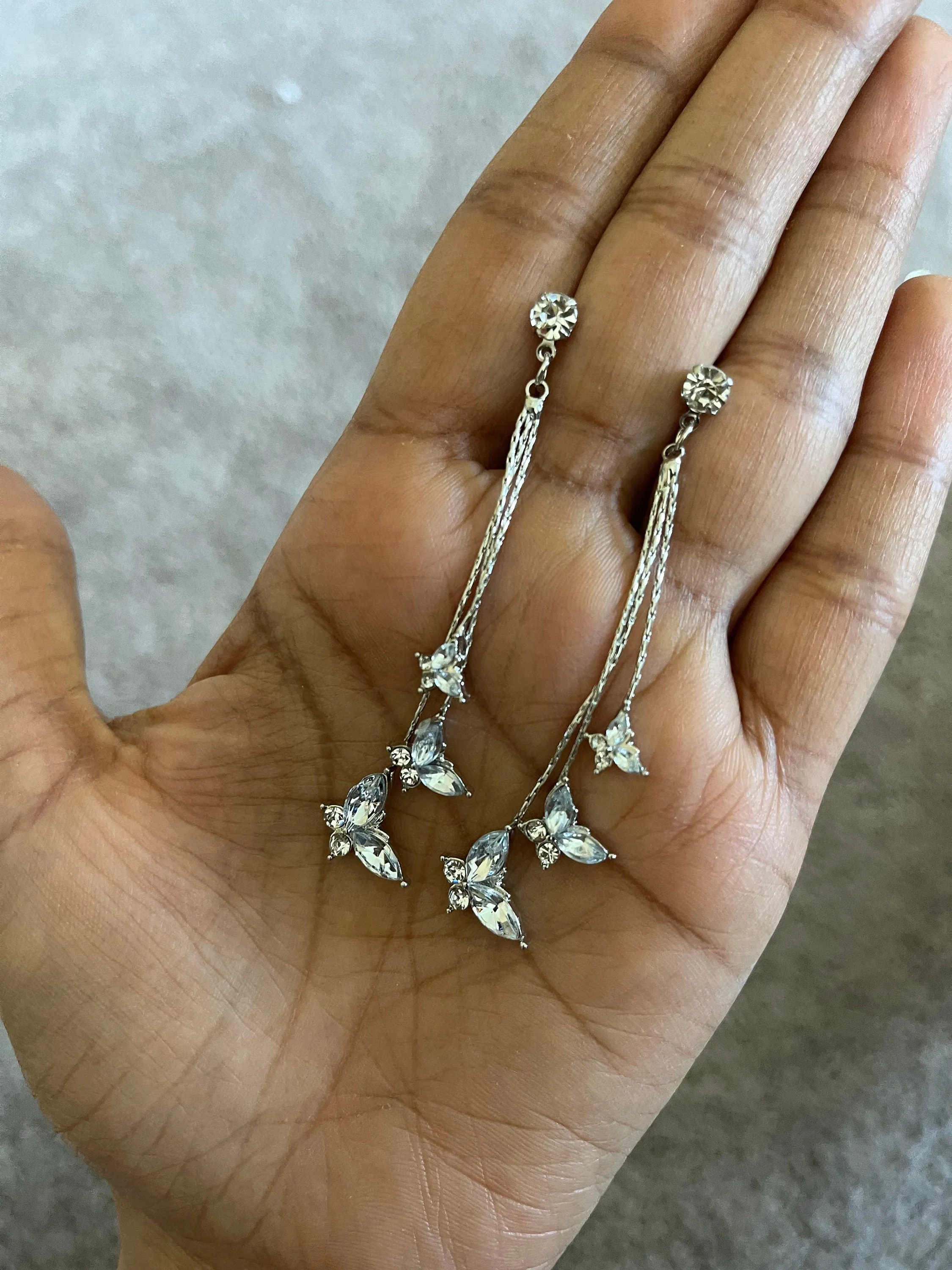 Silver butterfly earrings , long clear rhinestone earrings , butterfly earring , fringe earrings , gold chain earrings , gold bride earring