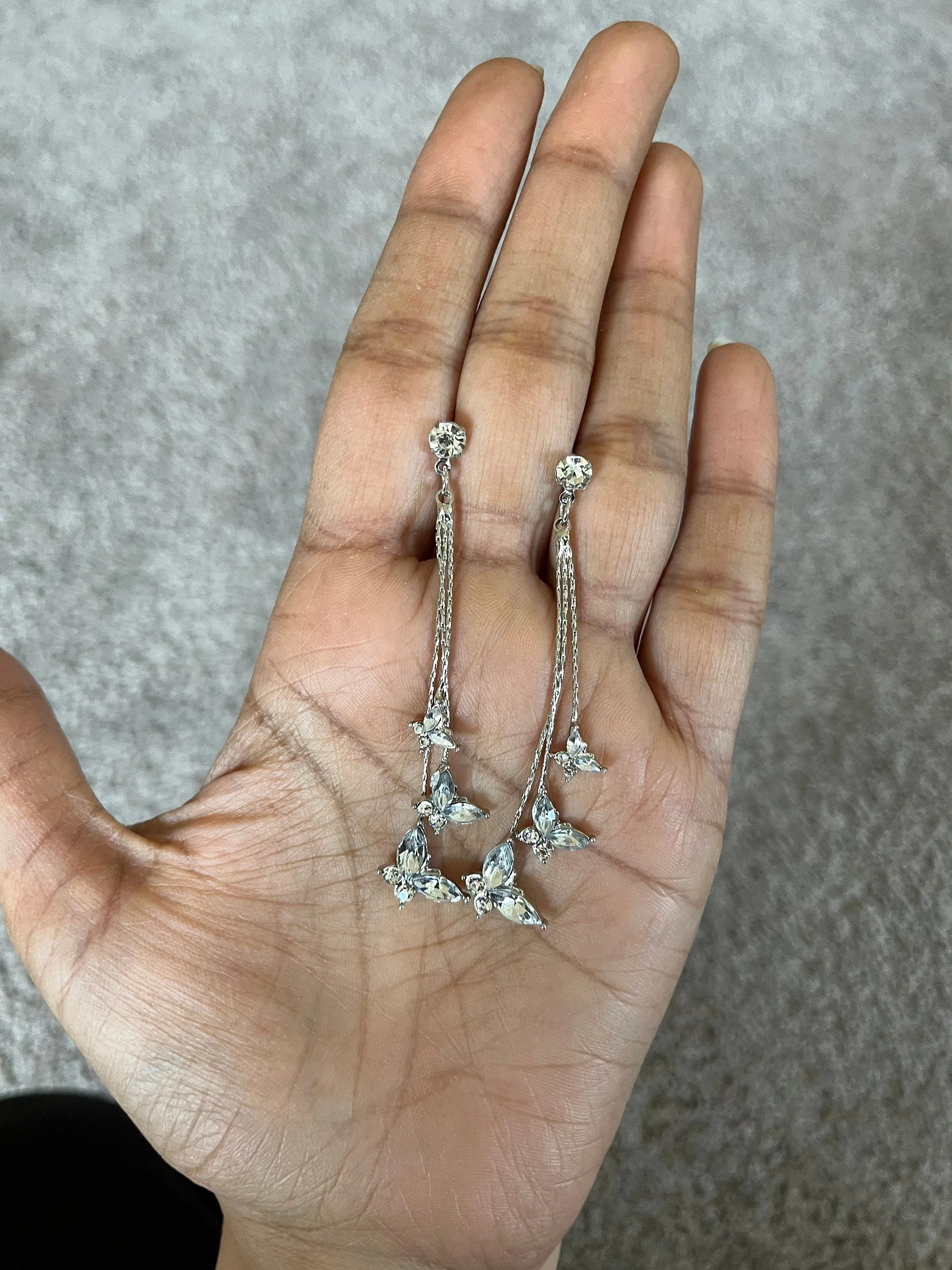 Silver butterfly earrings , long clear rhinestone earrings , butterfly earring , fringe earrings , gold chain earrings , gold bride earring