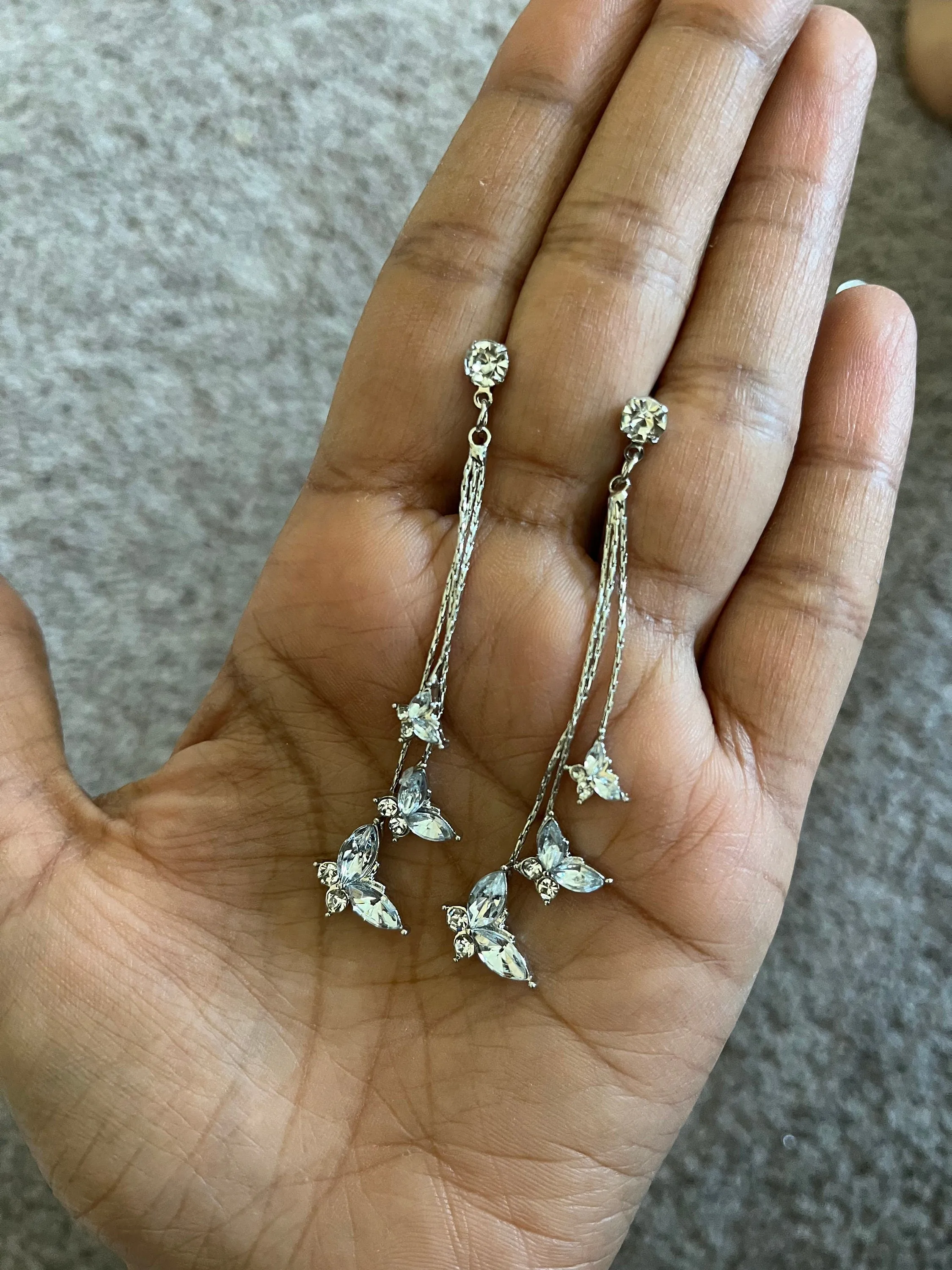 Silver butterfly earrings , long clear rhinestone earrings , butterfly earring , fringe earrings , gold chain earrings , gold bride earring