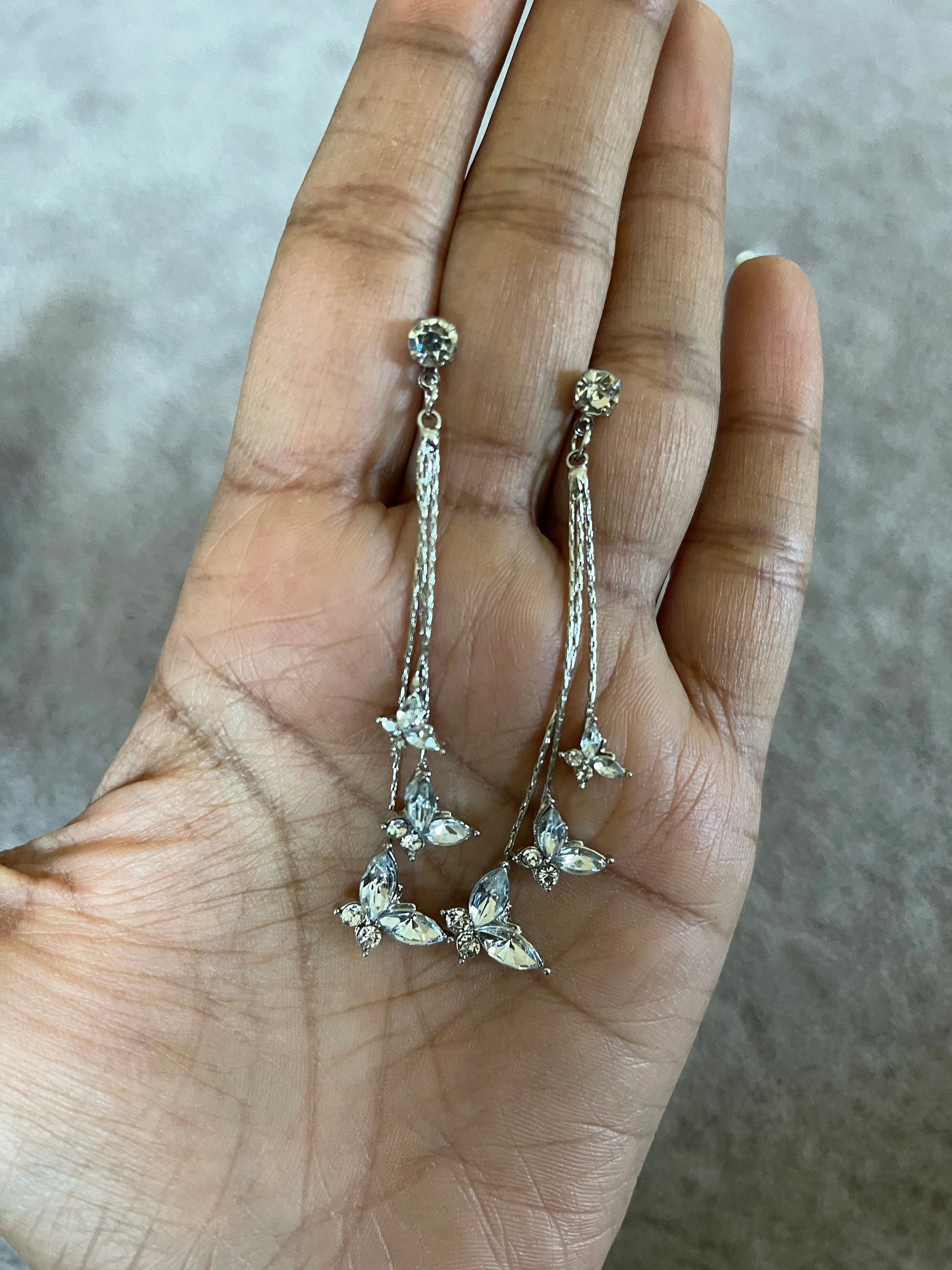 Silver butterfly earrings , long clear rhinestone earrings , butterfly earring , fringe earrings , gold chain earrings , gold bride earring