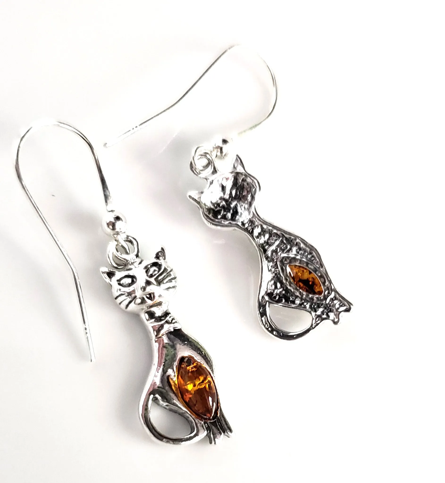Silver Cat with Honey Amber Earrings