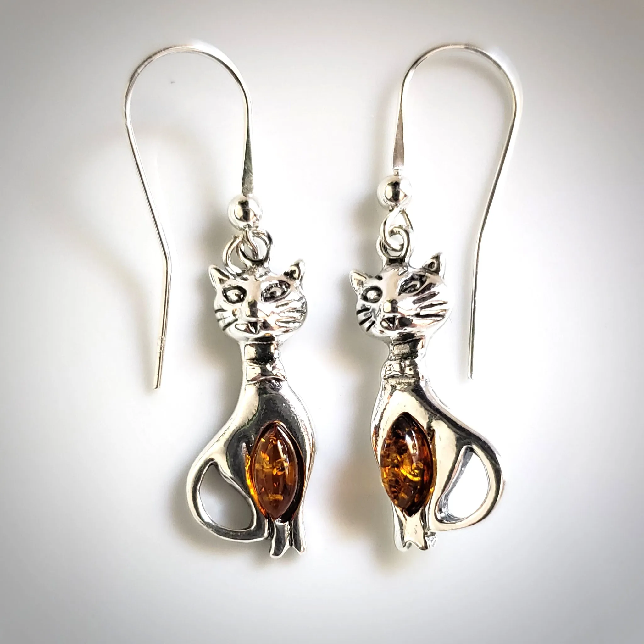 Silver Cat with Honey Amber Earrings