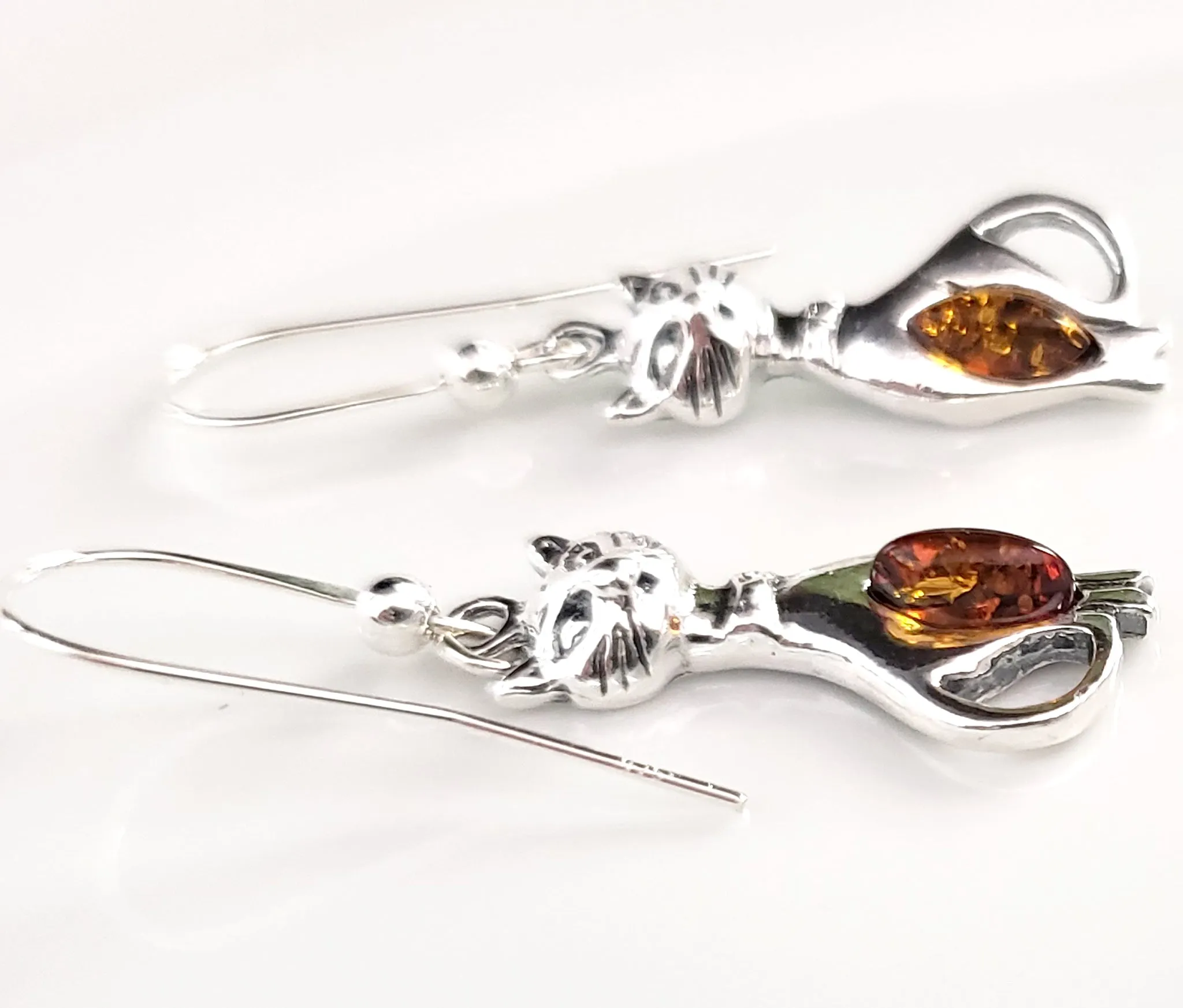 Silver Cat with Honey Amber Earrings