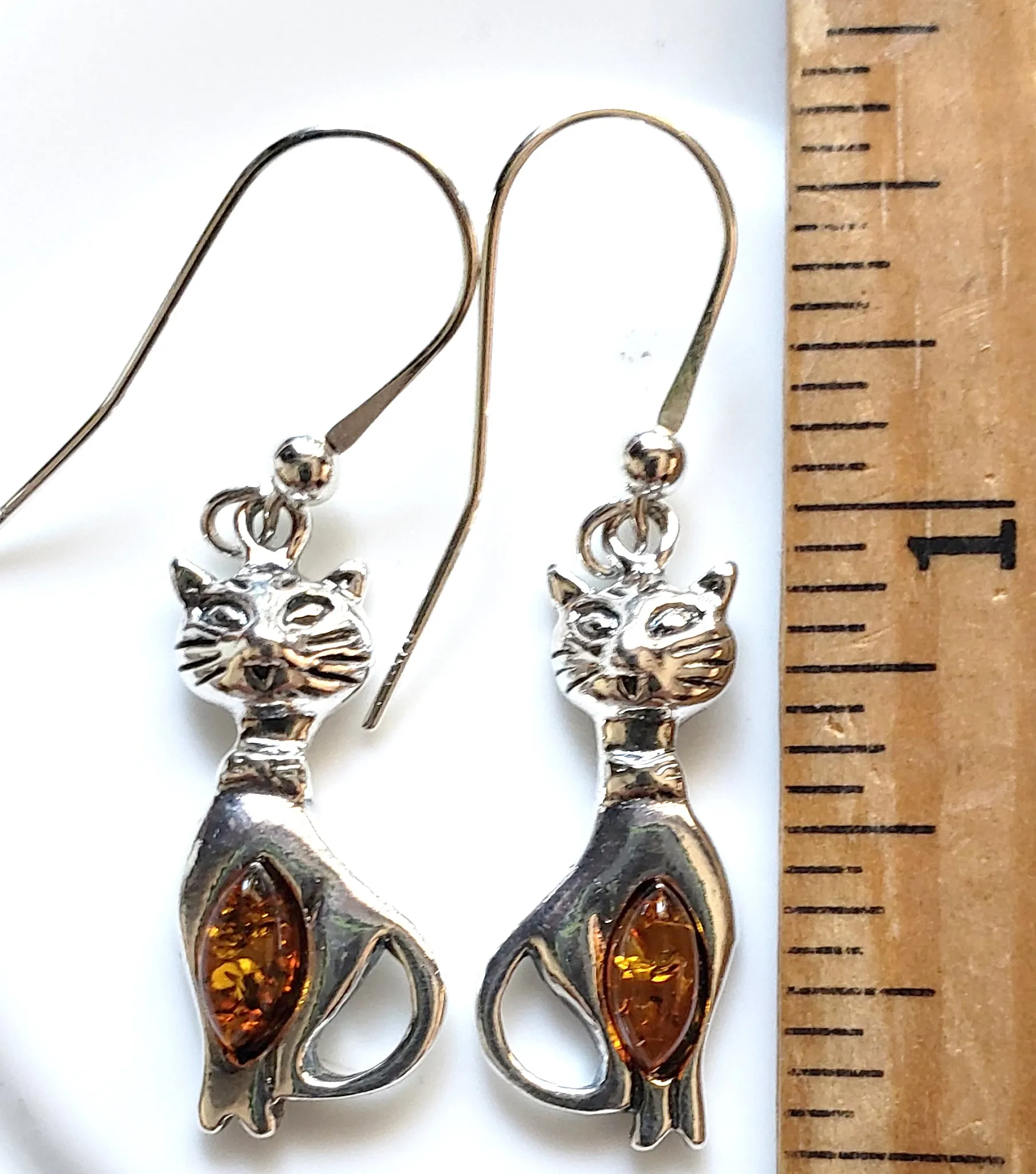 Silver Cat with Honey Amber Earrings