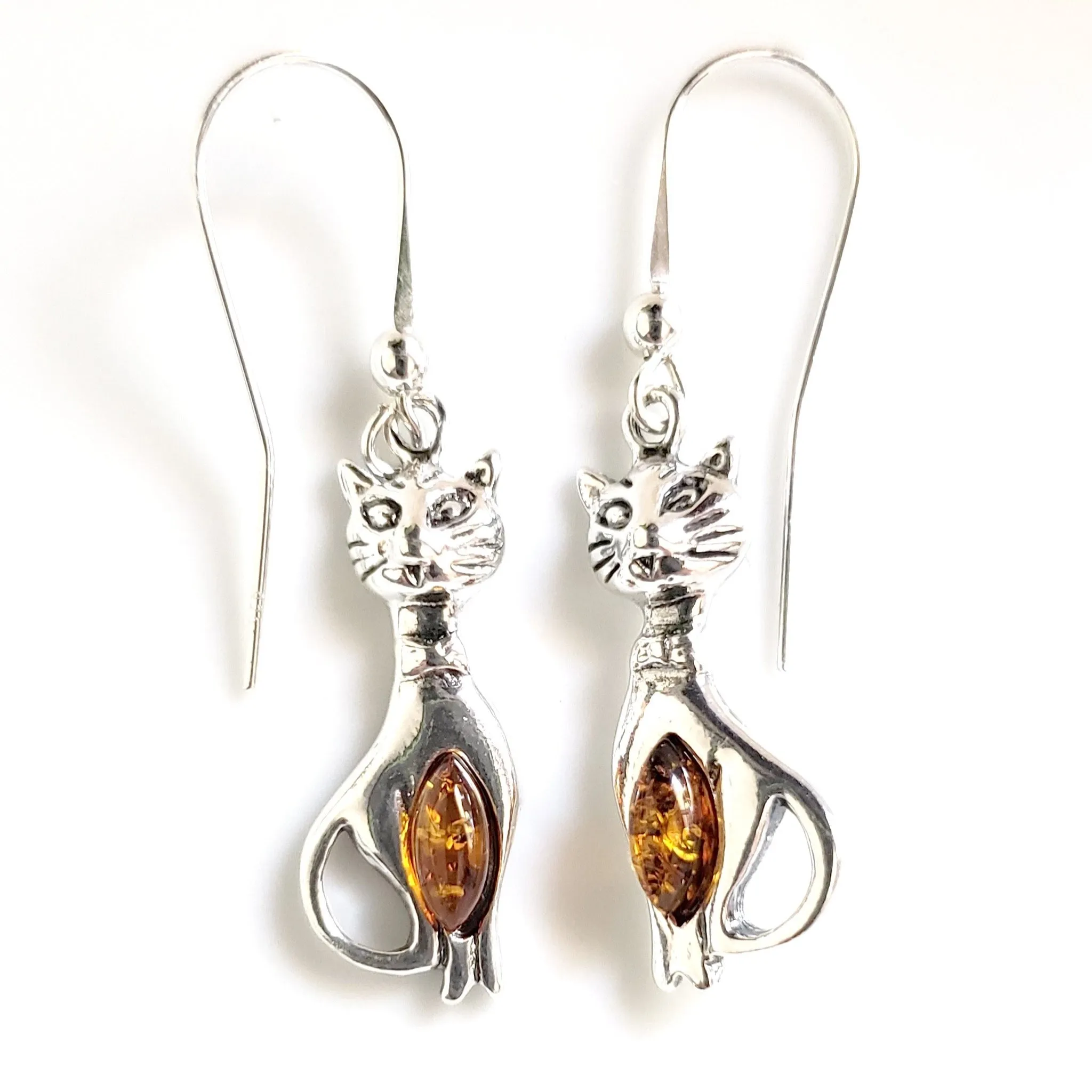 Silver Cat with Honey Amber Earrings