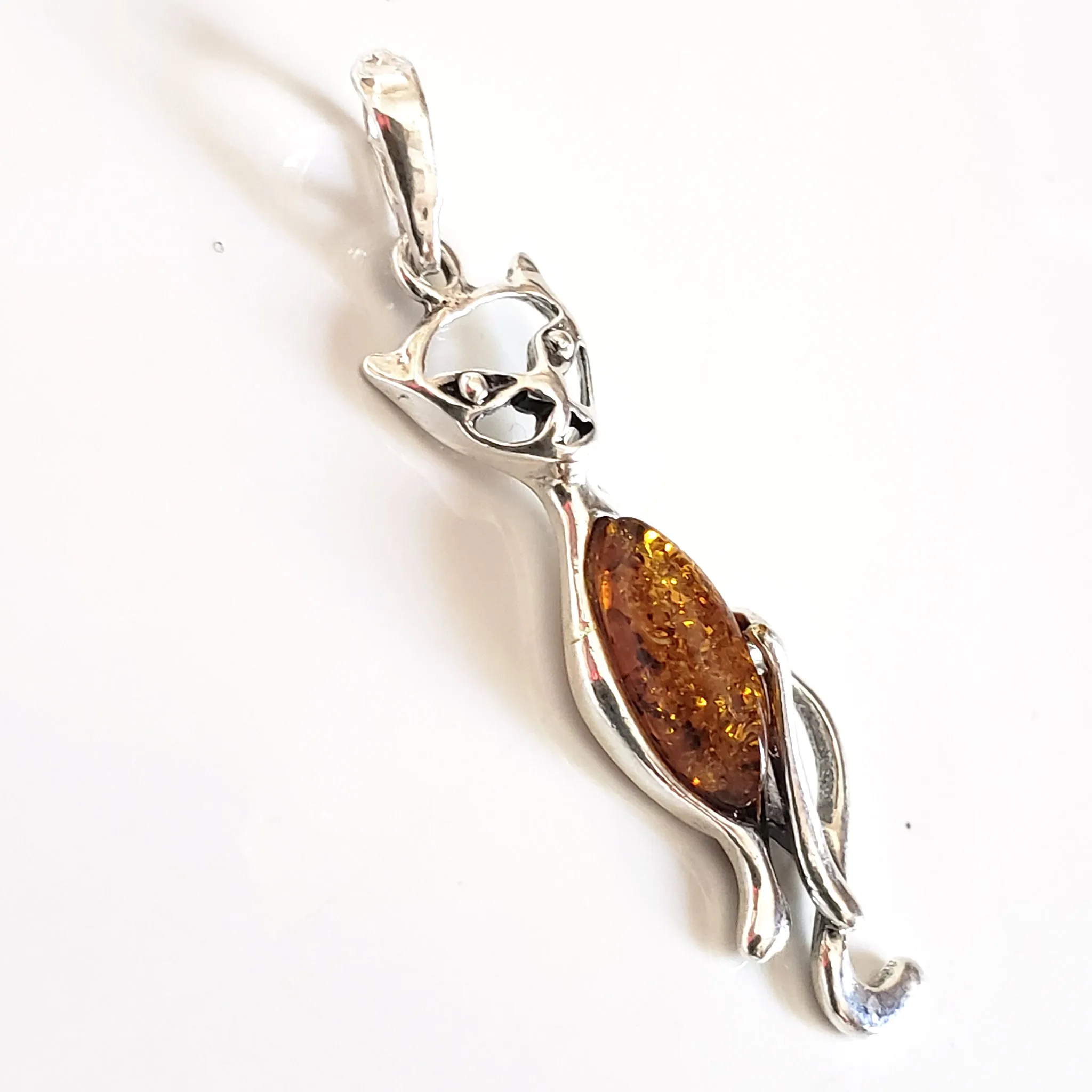 Silver Cat with Natural Amber Pendant