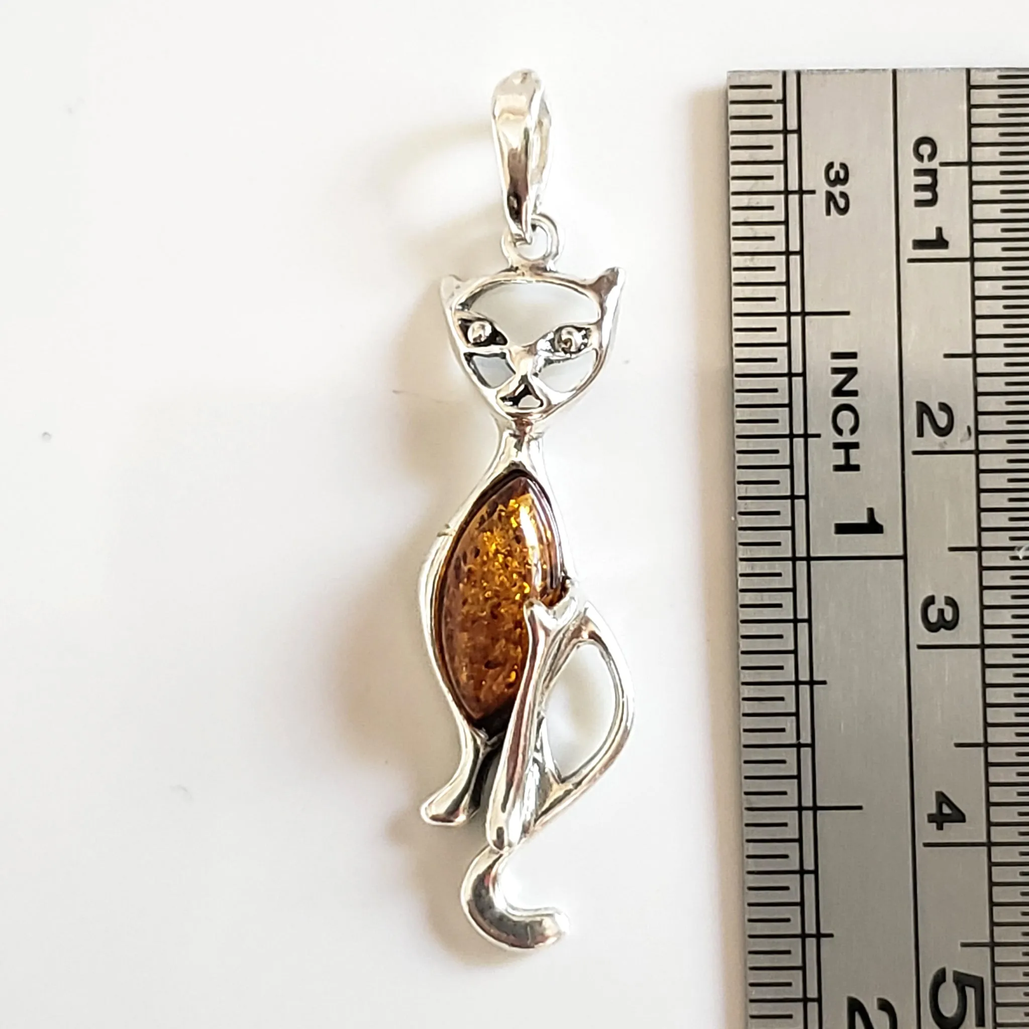 Silver Cat with Natural Amber Pendant
