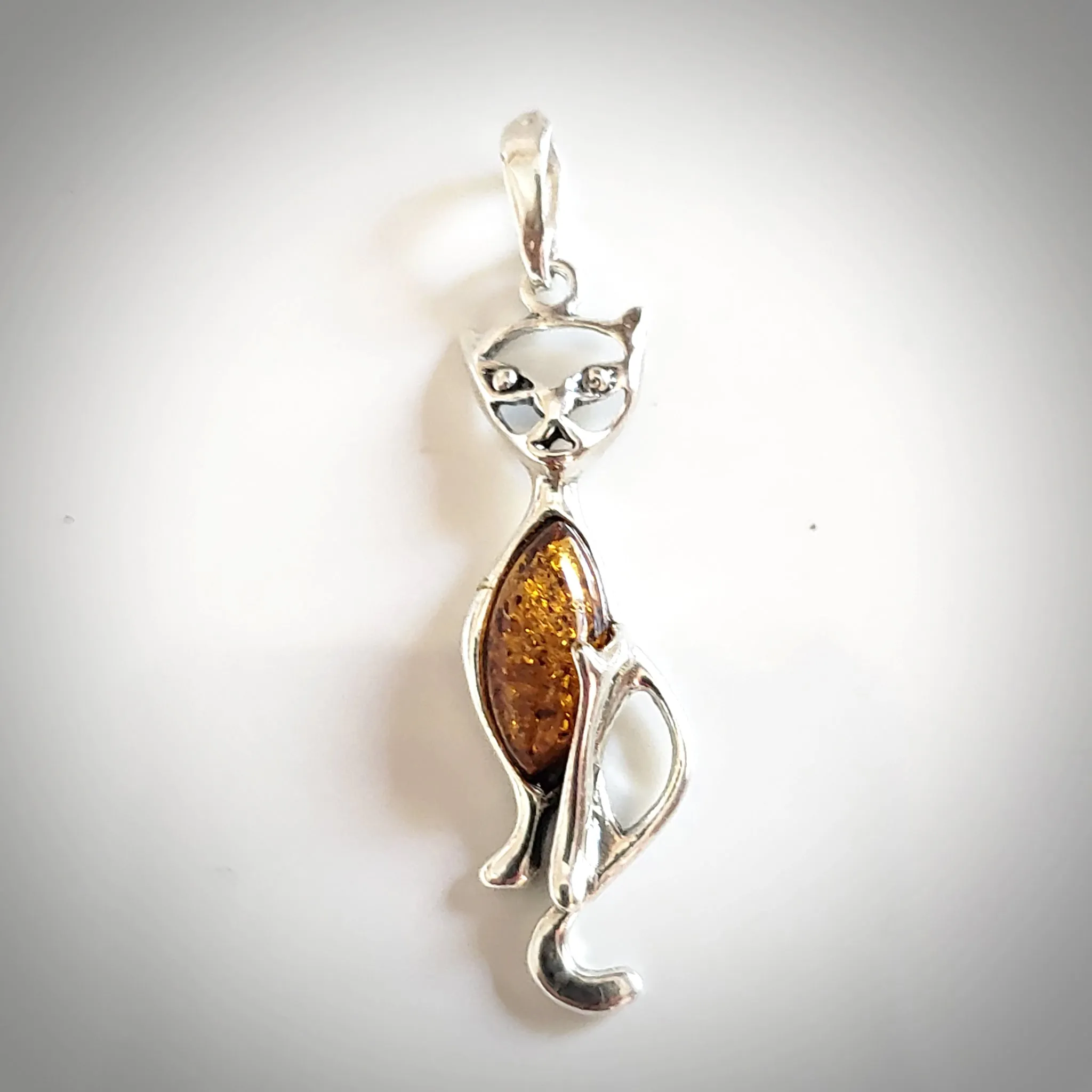 Silver Cat with Natural Amber Pendant