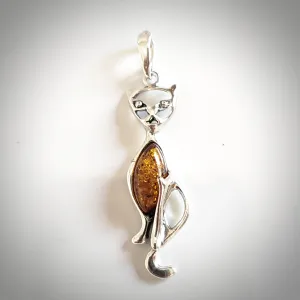 Silver Cat with Natural Amber Pendant