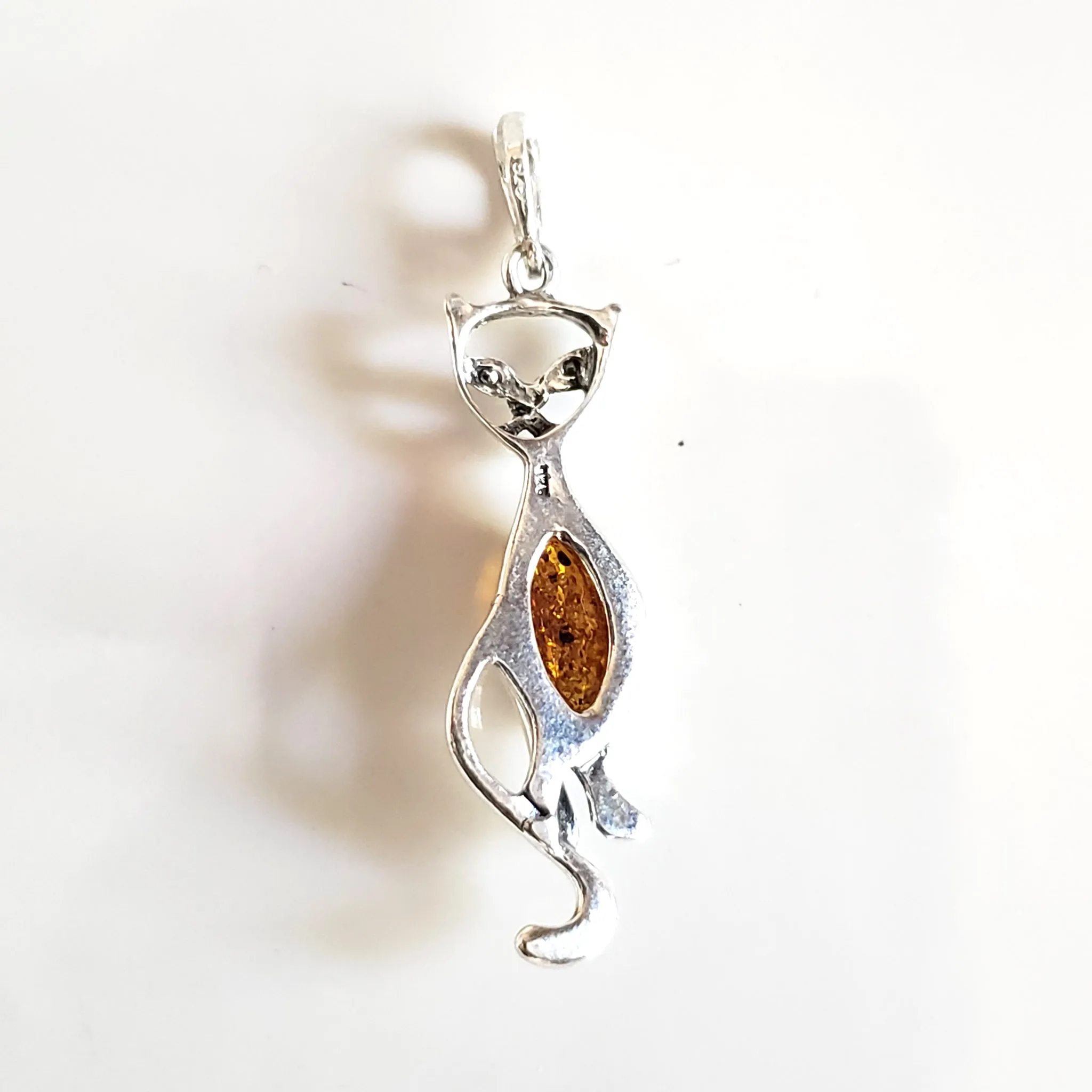 Silver Cat with Natural Amber Pendant