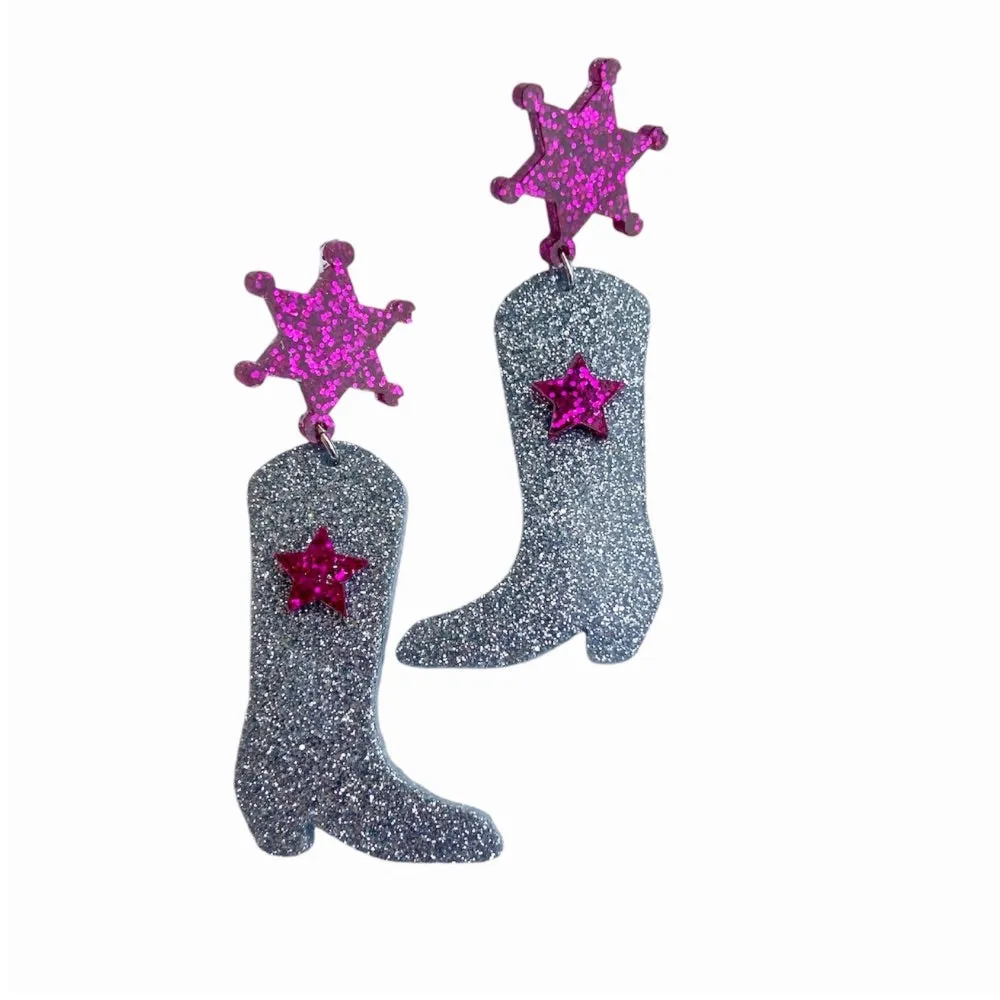 Silver Cowboy Boot Glitter Earrings