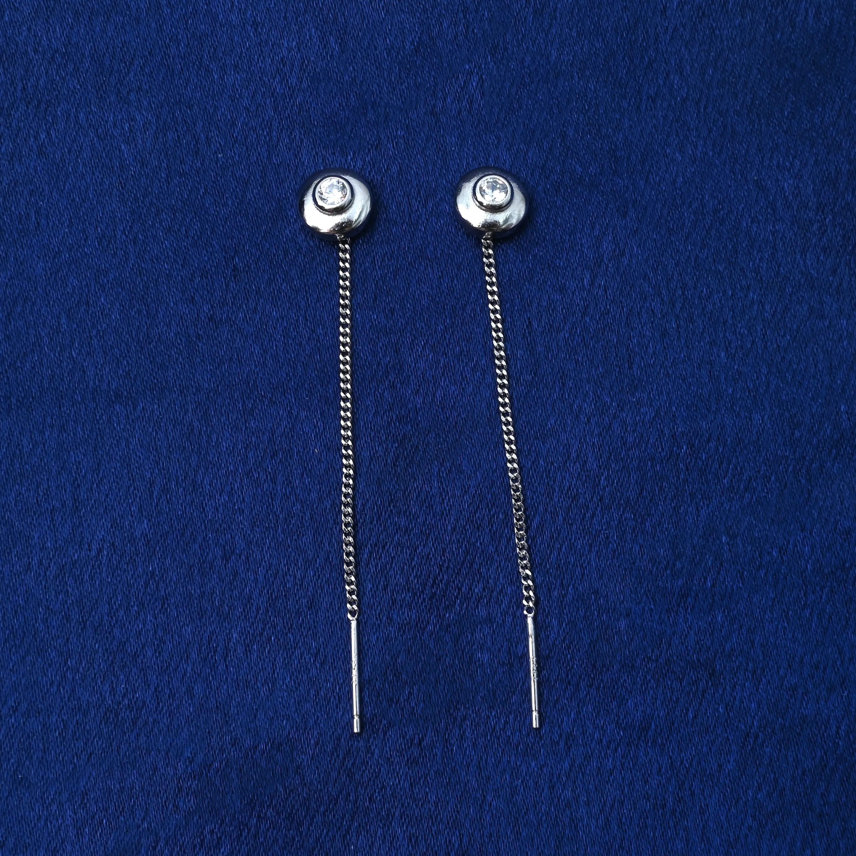 Silver Drop Earrings with Round Bud Design and Sparkling Center Stone