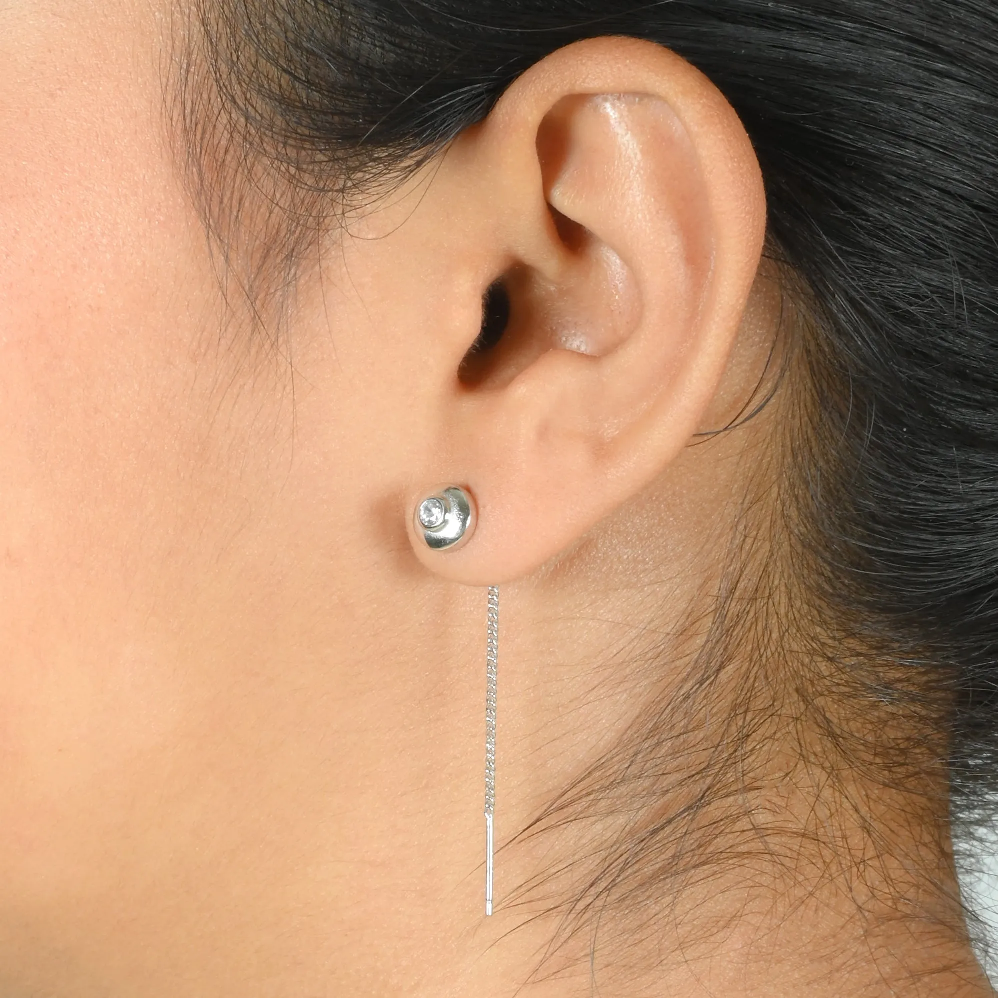 Silver Drop Earrings with Round Bud Design and Sparkling Center Stone