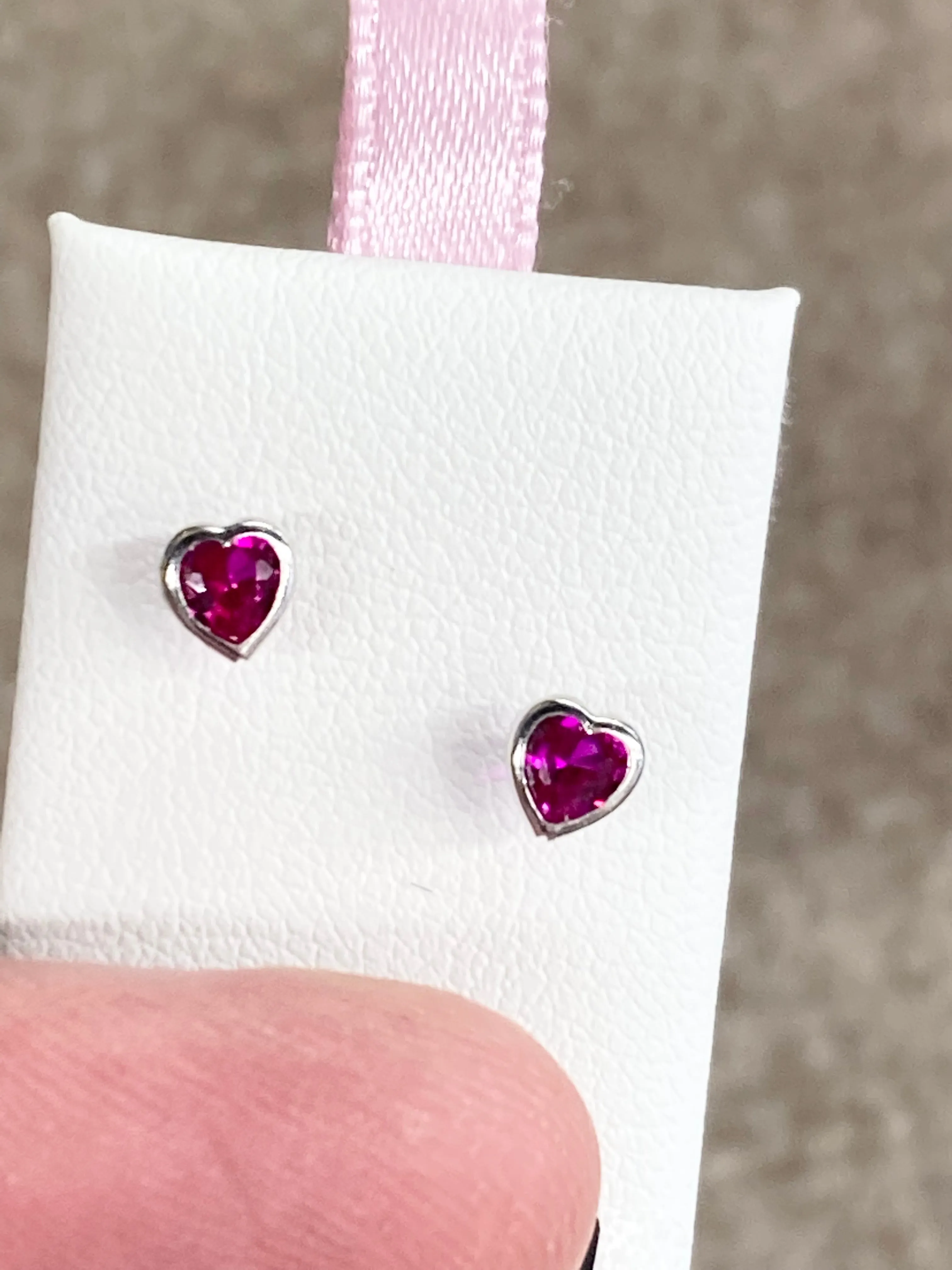 Silver Heart Shaped Red Cubic Zirconia Baby Earrings