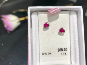 Silver Heart Shaped Red Cubic Zirconia Baby Earrings