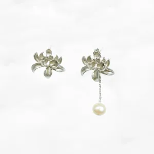 Silver Lotus Pearl Stud Earrings