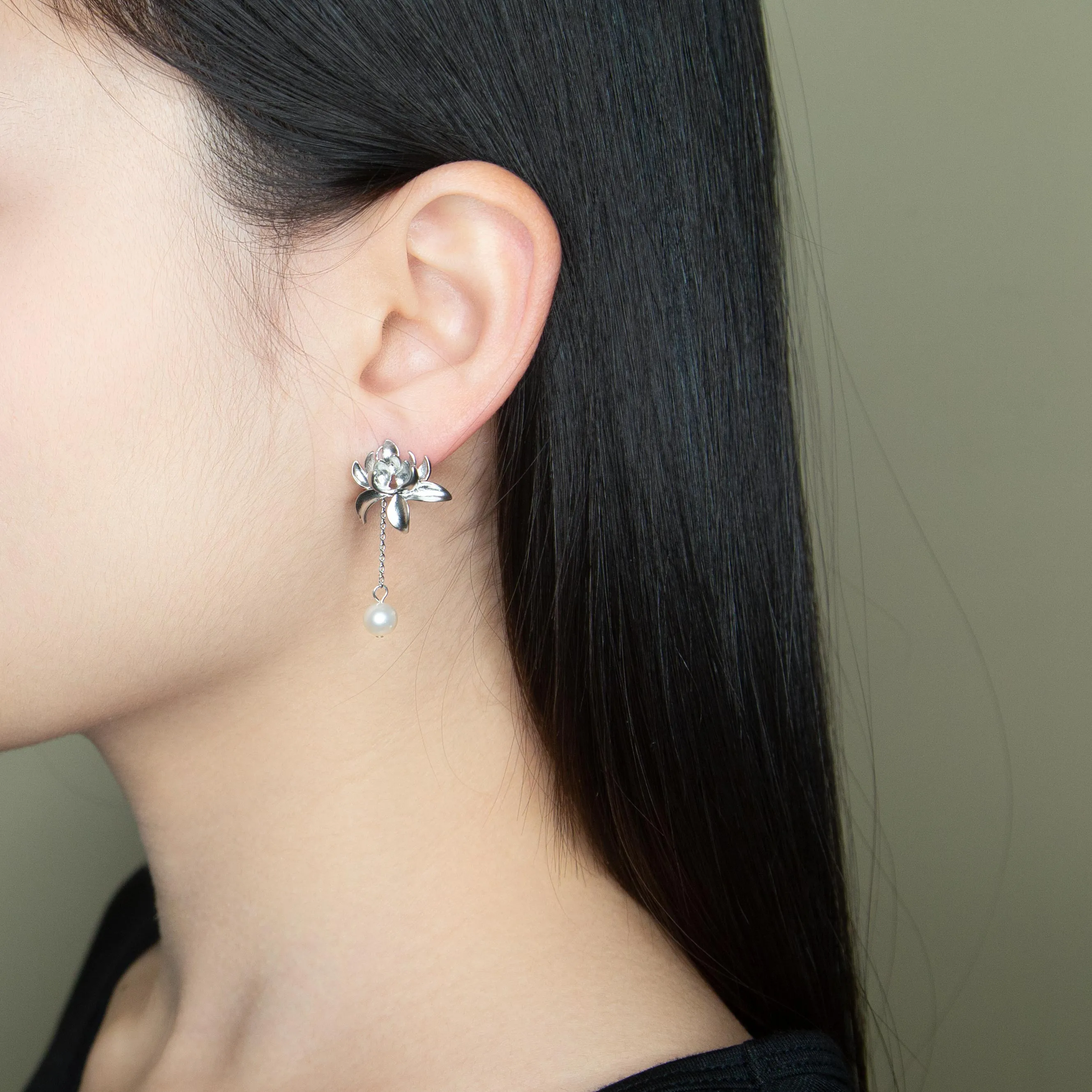 Silver Lotus Pearl Stud Earrings