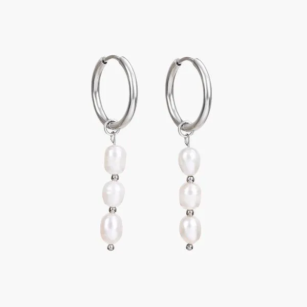 Silver Lustrous Cascade Pearl Hoop Earrings