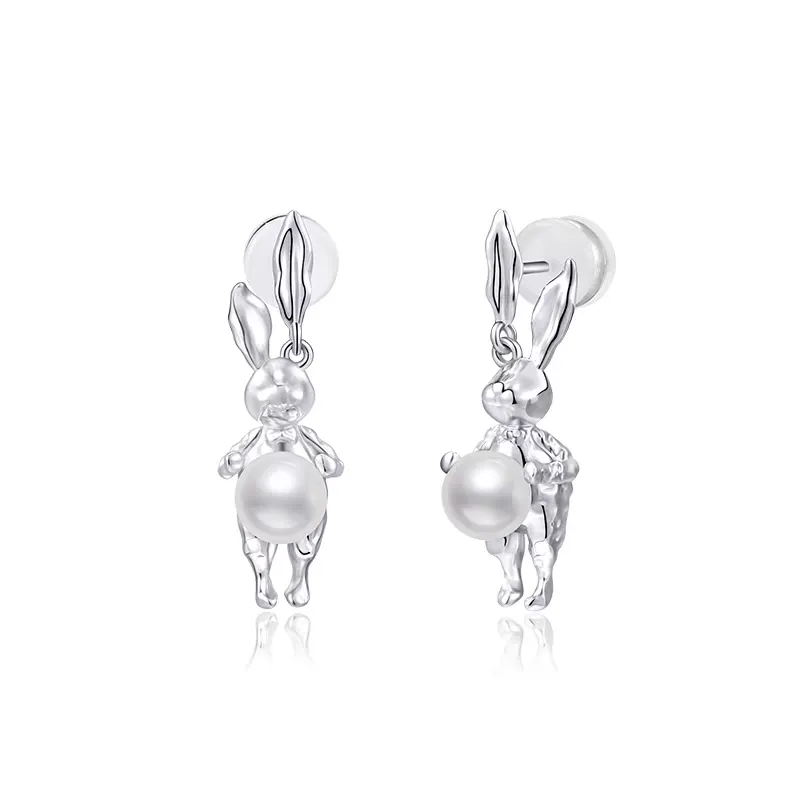 Silver Moon Light Rabbit Pearl Earrings