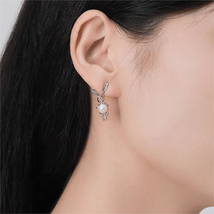 Silver Moon Light Rabbit Pearl Earrings