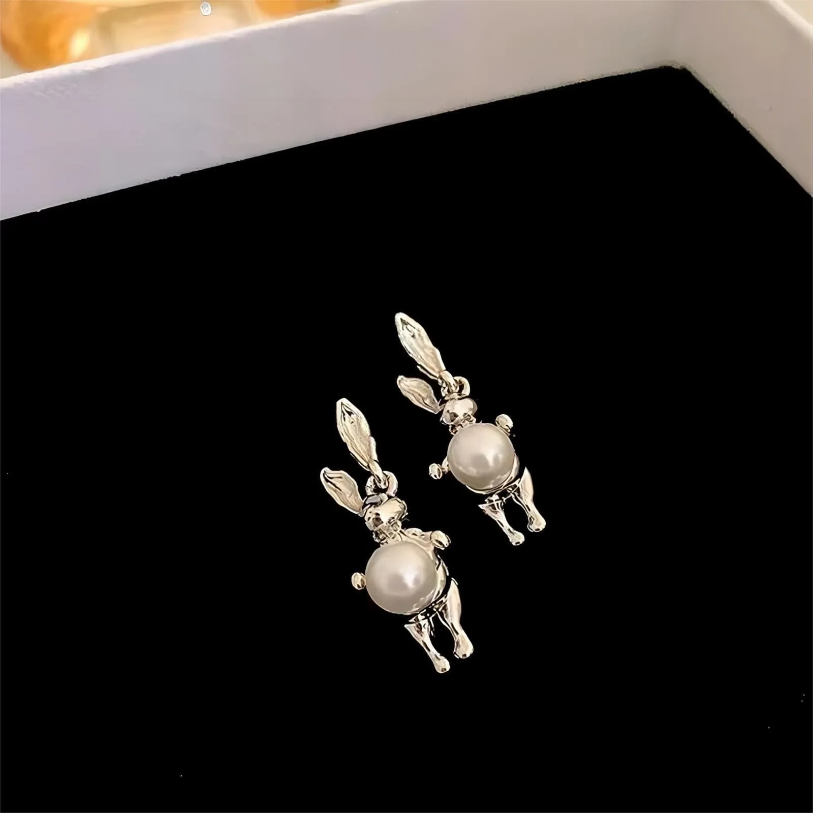 Silver Moon Light Rabbit Pearl Earrings
