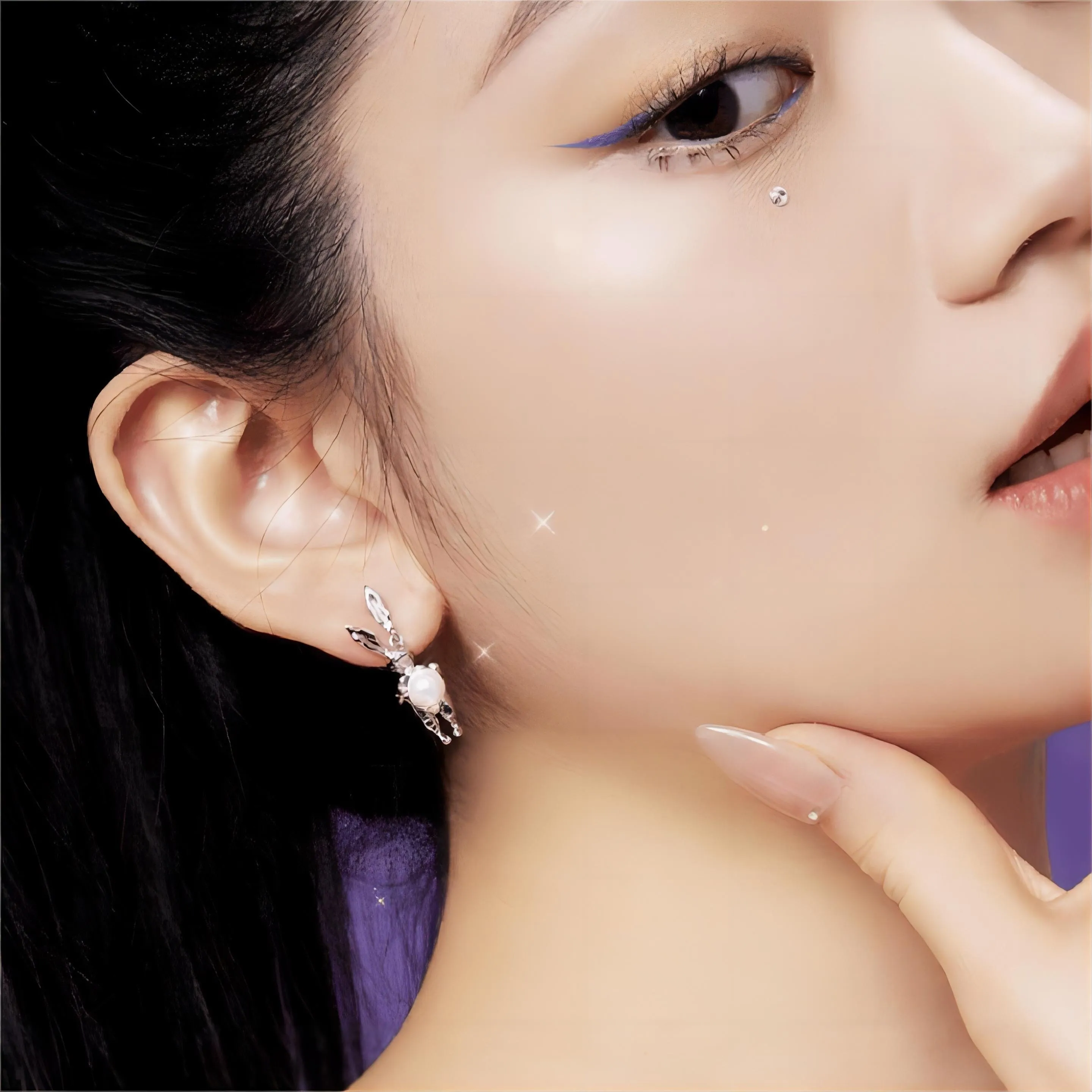 Silver Moon Light Rabbit Pearl Earrings