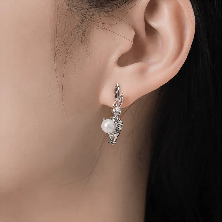 Silver Moon Light Rabbit Pearl Earrings
