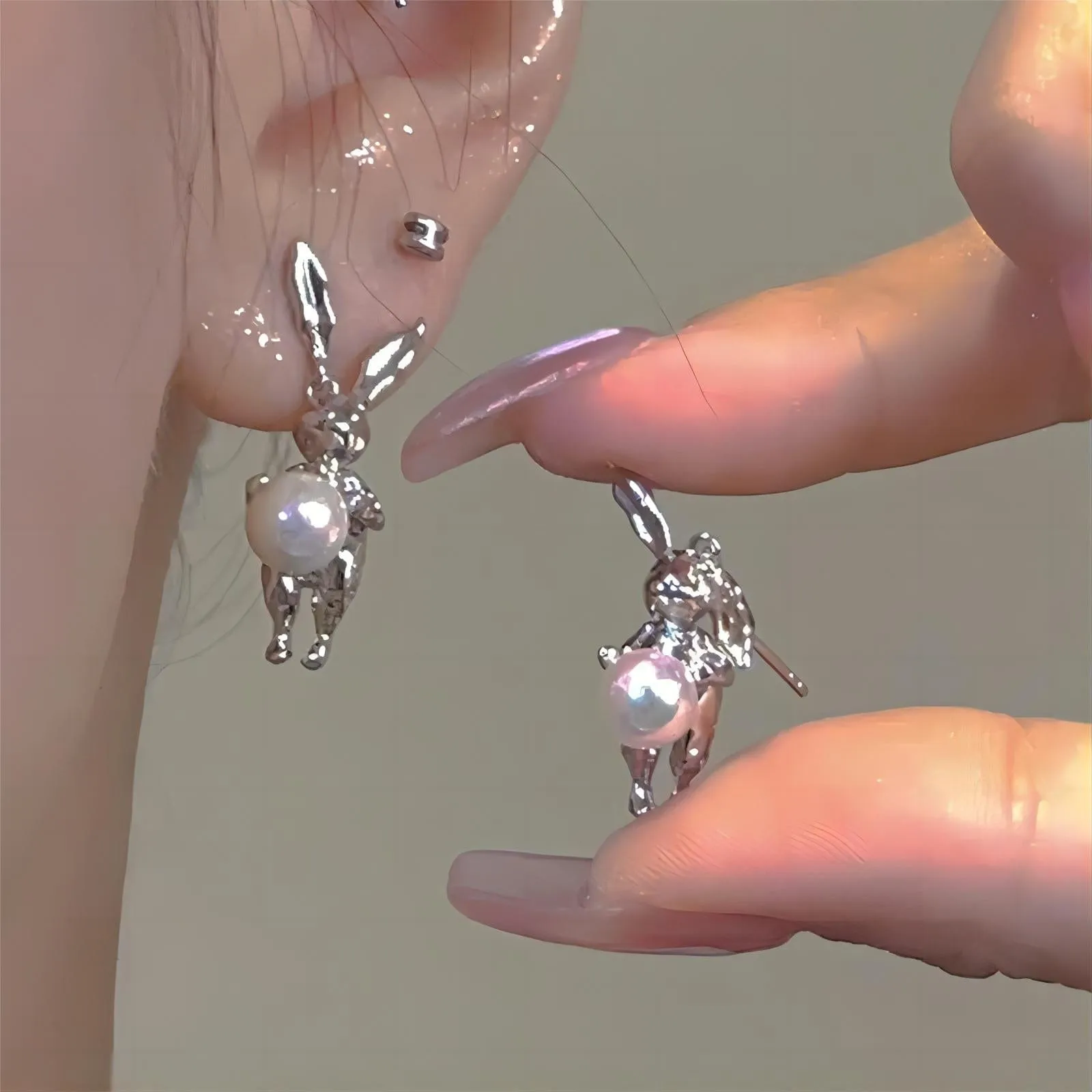 Silver Moon Light Rabbit Pearl Earrings