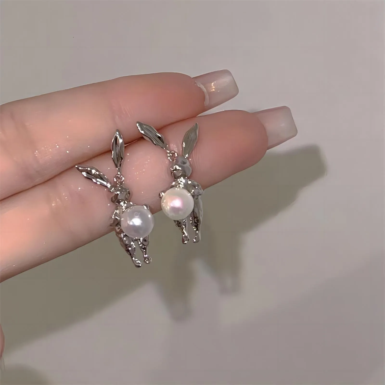 Silver Moon Light Rabbit Pearl Earrings
