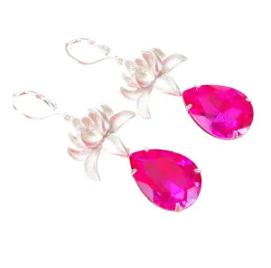 Silver Orchid And Fuchsia Faceted Teardrop Crystal Earrings.