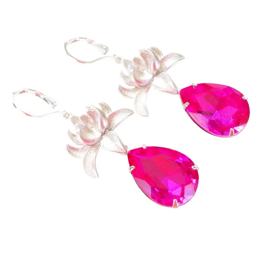 Silver Orchid And Fuchsia Faceted Teardrop Crystal Earrings.