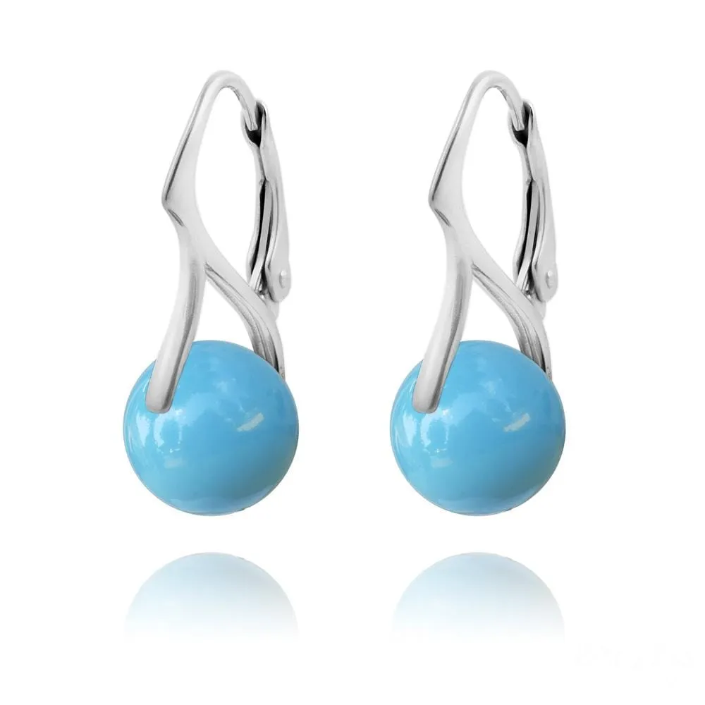 Silver Pearl  Turquoise Earrings with Swarovski Crystal
