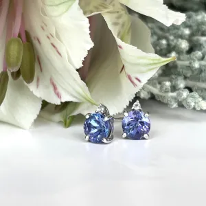Silver Petite Round Cut Tanzanite with Single Silver Topaz Highlight Earrings