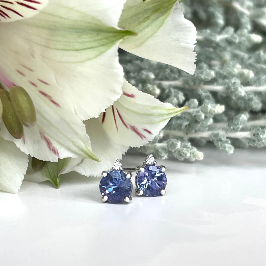 Silver Petite Round Cut Tanzanite with Single Silver Topaz Highlight Earrings