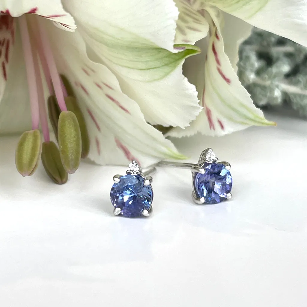 Silver Petite Round Cut Tanzanite with Single Silver Topaz Highlight Earrings