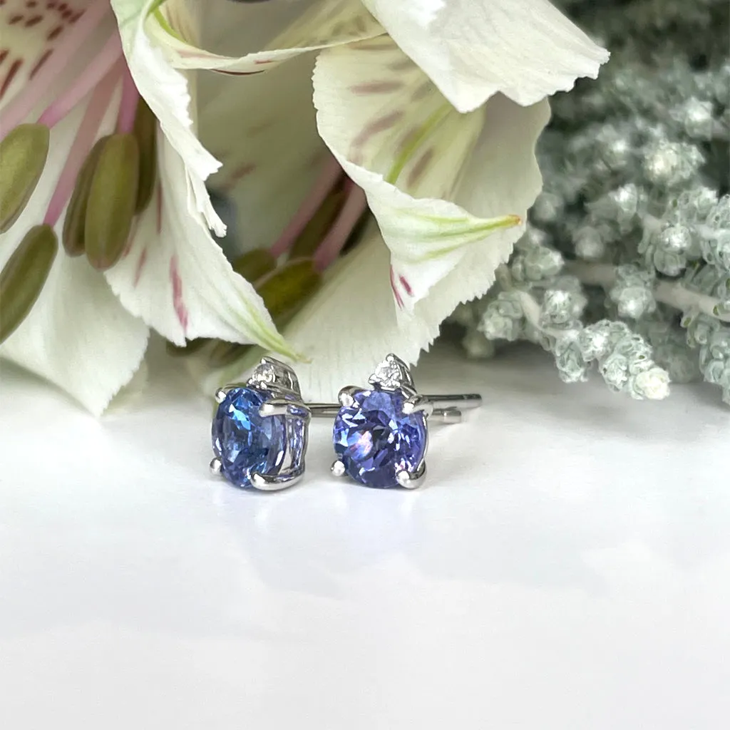 Silver Petite Round Cut Tanzanite with Single Silver Topaz Highlight Earrings